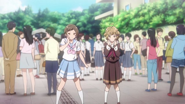 Kitauji High School band gathers outside the concert hall